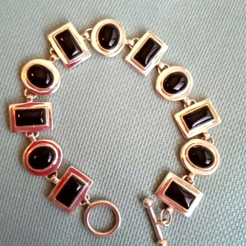 BLACK ONYX OVAL AND RECTANGLE STERLING SILVER BRACELET 🖤🖤🖤 - Picture 3 of 6
